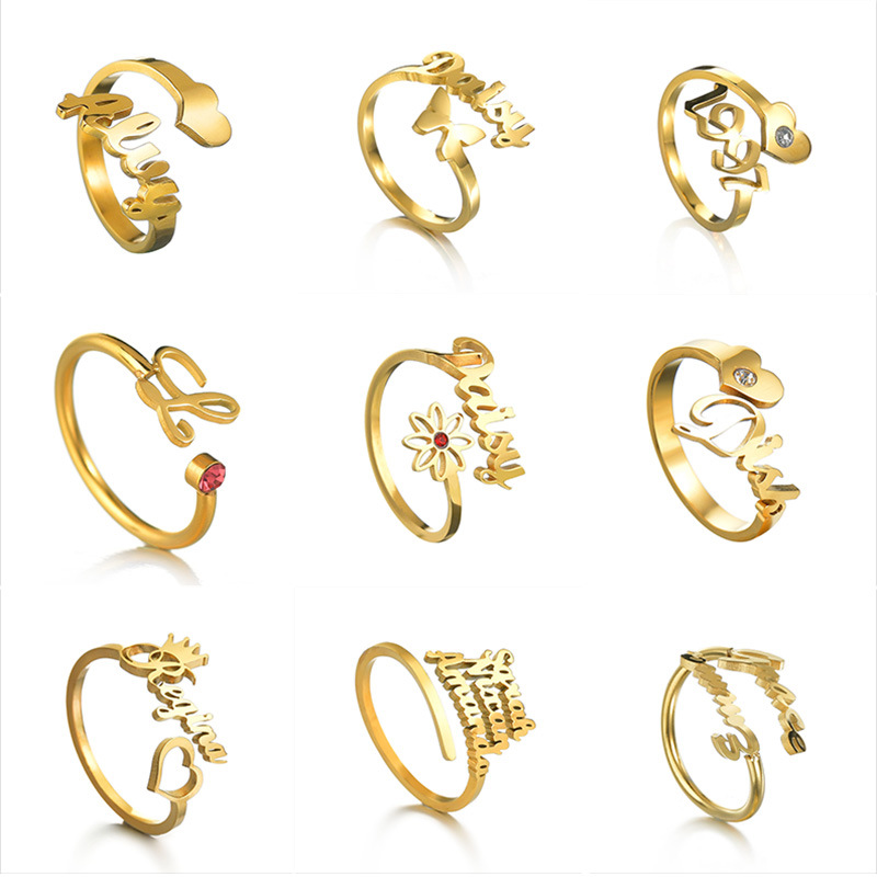 diy来图定制不锈钢名字开口戒指 自定义欧美英文字母情侣指环饰品