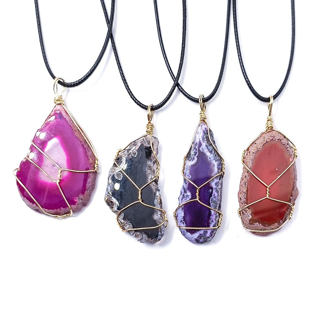 Natural Stone Natural Agate Multi-Color Winding Pendant Irregular Agate Slices Winding Silk Ornaments Colorful Ornament Wholesale