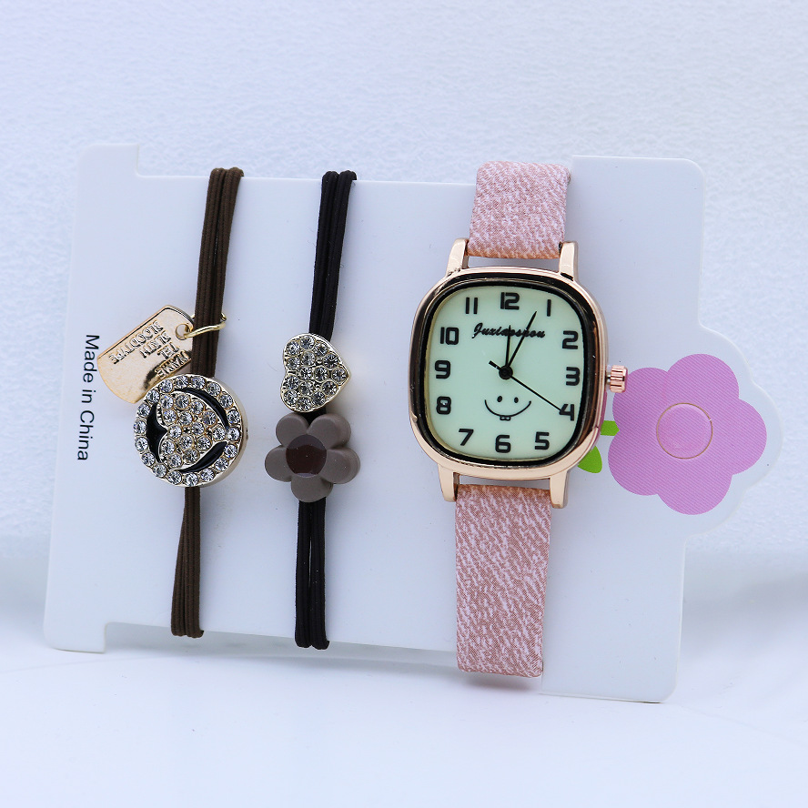 Cross-Border Hot Sale Set Student Watch Women's Digital Quartz Leather Watch Luminous Watch Ornament Rubber Band Random 3P