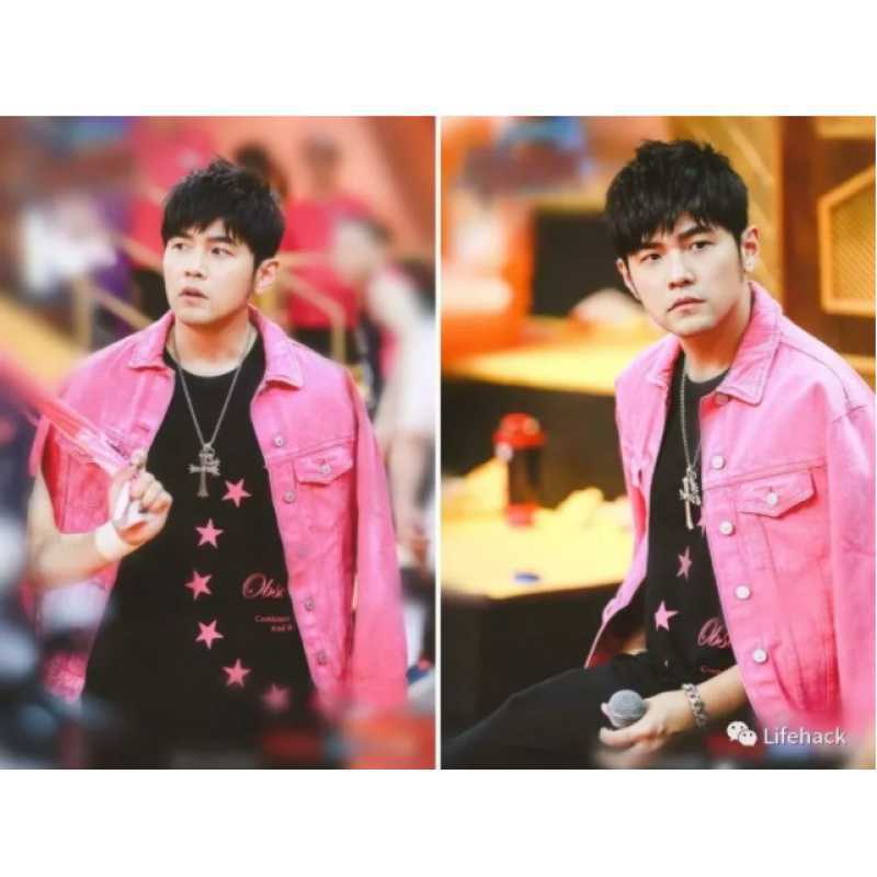 周杰伦明星同款春秋情侣粉色牛仔外套潮牌工装破洞牛仔衣夹克外套