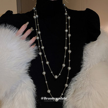 法式轻奢长款珍珠几何项链2024新款复古设计毛衣链时尚气质项饰女