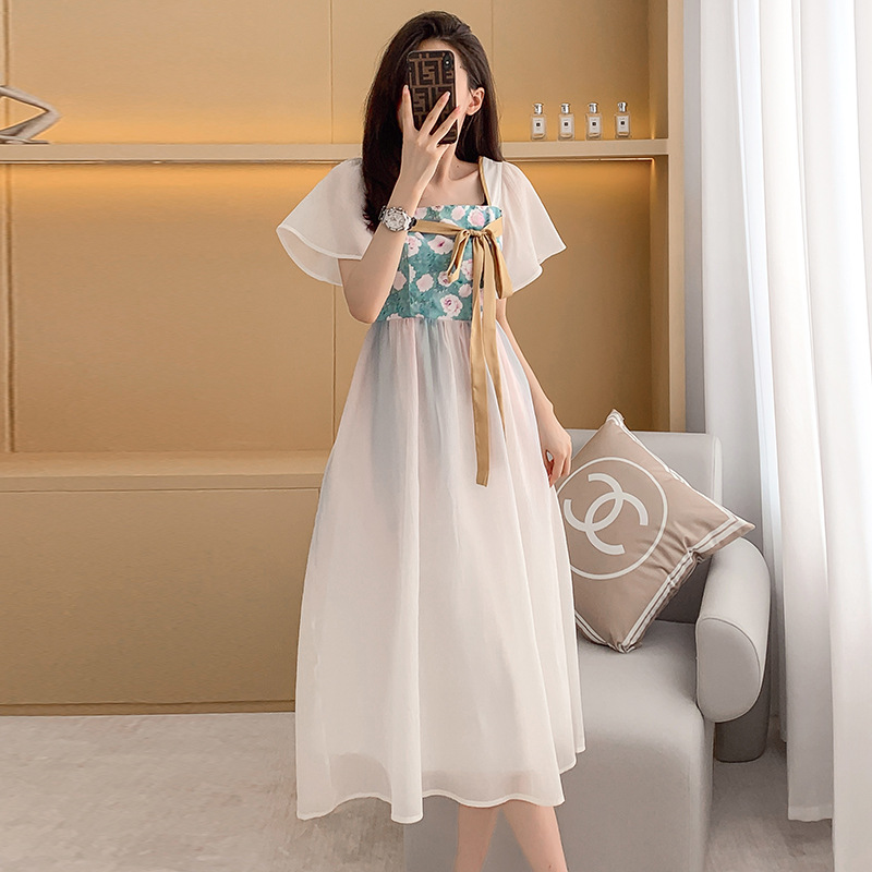 Real Shot 2023 Amoi Chinese Style Traditional Ancient Chinese Clothing Dress Women's Summer Sweet Slim Fit Advanced Design Long Skirt