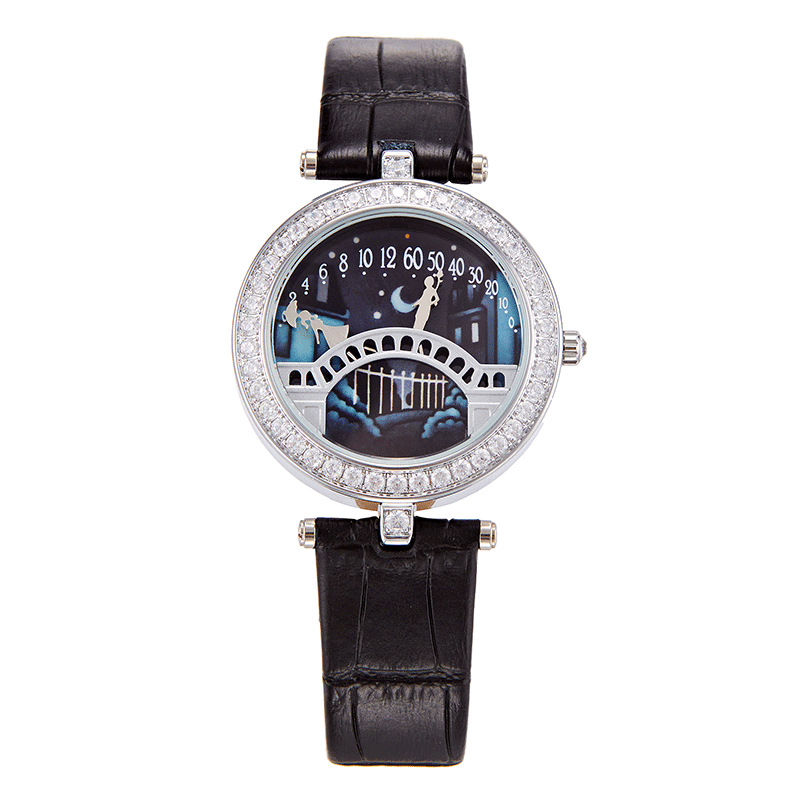 镶钻女表情人桥手表女士恋人桥真皮手表浪漫接吻手表时尚女生手表
