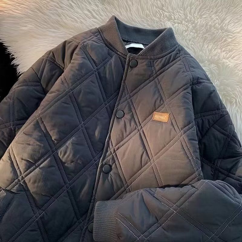 Winter New Diamond Lattice Thermal Cotton-Padded Clothes Men's Ins Baseball Uniform Couple Casual All-Matching Thickened Cotton Coat Jacket Fashion