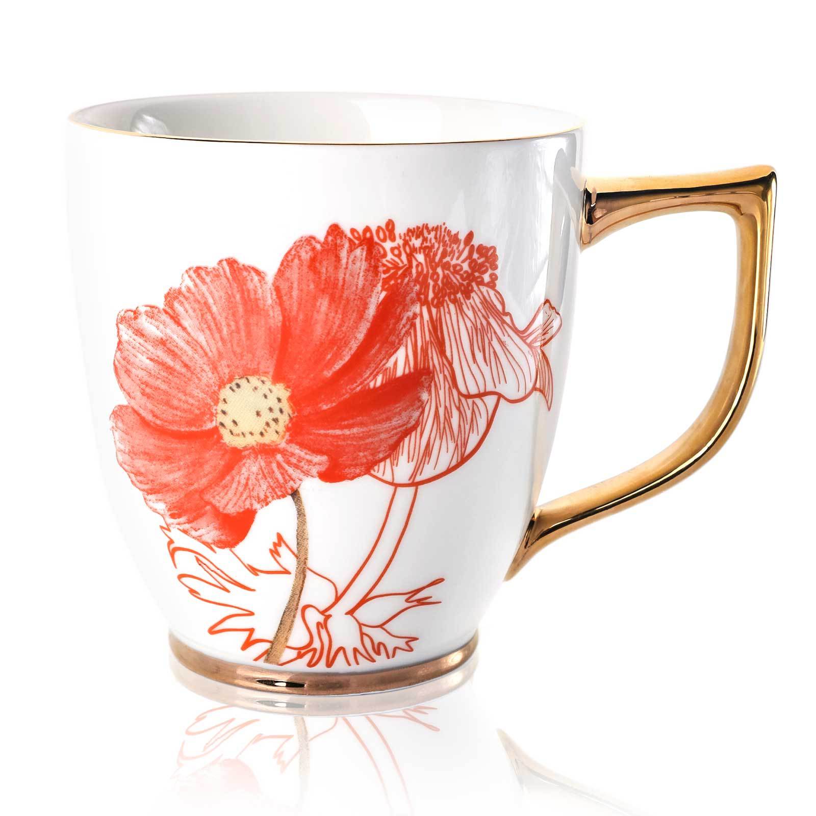 460ml白色波斯菊和海葵花金手柄杯 北欧陶瓷花杯大容量外贸马克杯