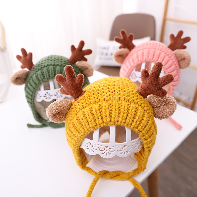 Baby Hat Autumn and Winter Boys Baby Wool Cap Antlers Ears Girls Knitted Earflaps Cap Children Warm Hat