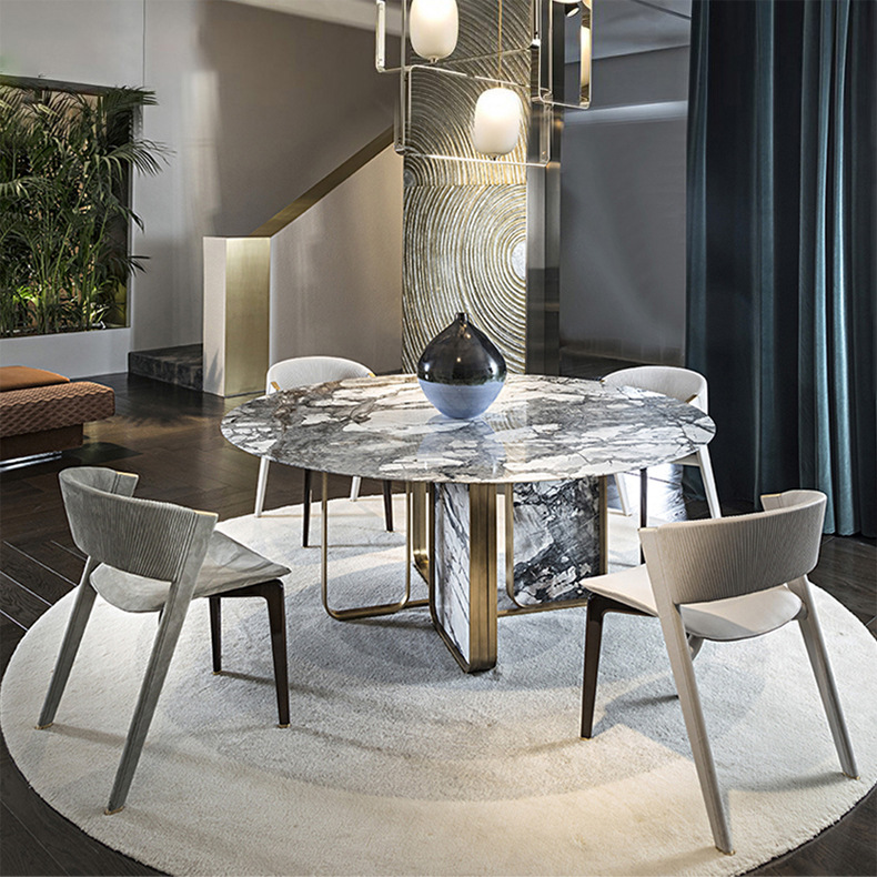 意大利寒江雪奢石餐桌 高档别墅furniture大平层轻奢大理石圆餐桌