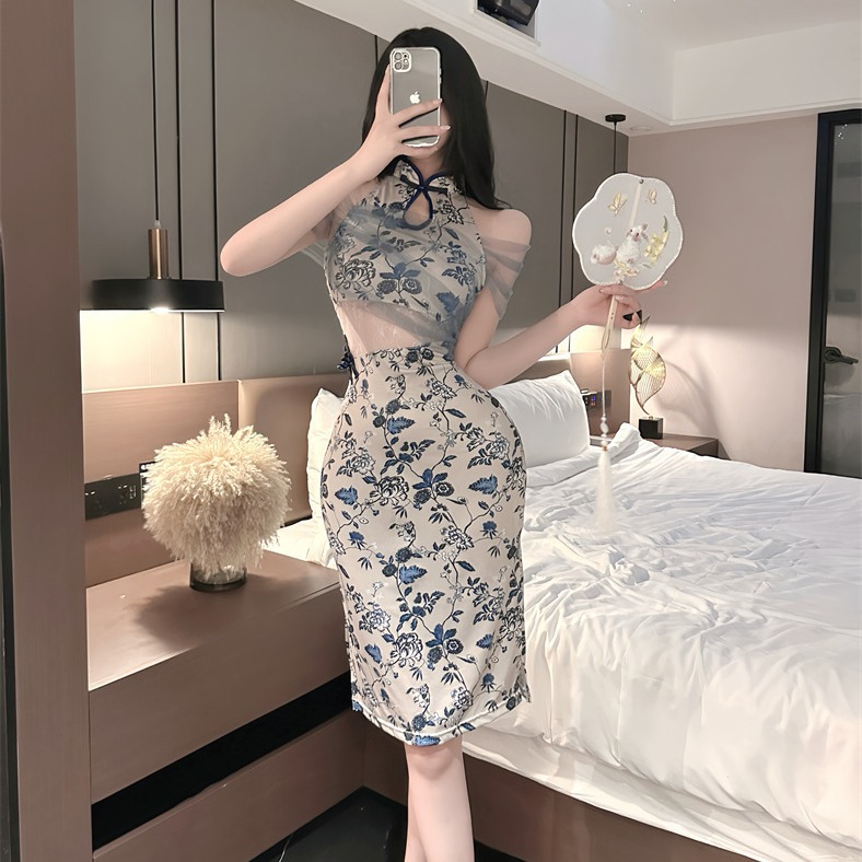 情趣内衣性感拼接改良旗袍镂空收腰显瘦印花诱惑睡裙夜场-阿里巴巴