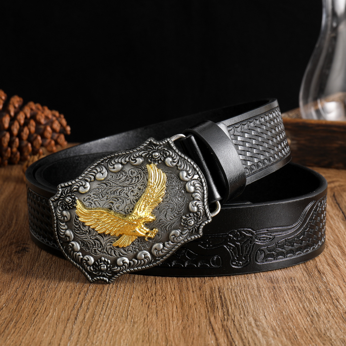 个性潮流锌合金西部牛仔老鹰大板扣复古时尚青年pu腰带 男士裤带