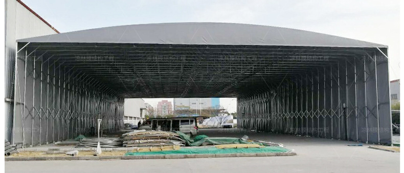 安装厂房过道电动收缩推拉雨蓬 绍兴工厂轨道活动棚 仓库折叠雨篷