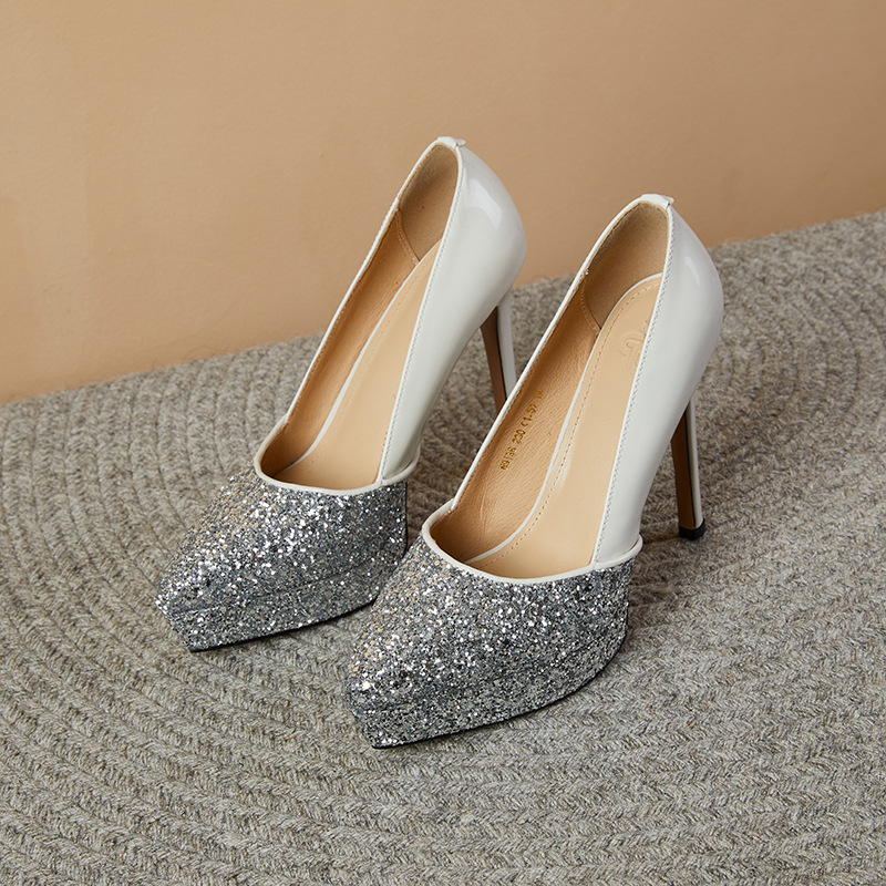 2024春夏季新款女鞋尖头细跟高跟鞋水台格利特拼接通勤时装单鞋女