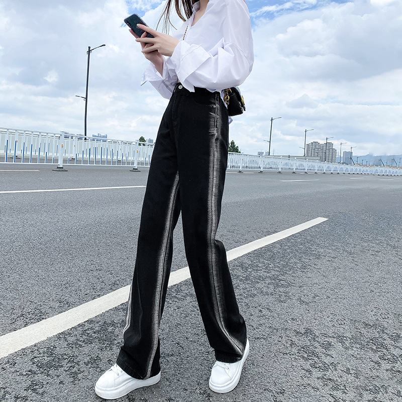   Autumn and Winter Black Straight Jeans Women's High Waist oose Small Mop Wide eg Pants Autumn 2022 New Style