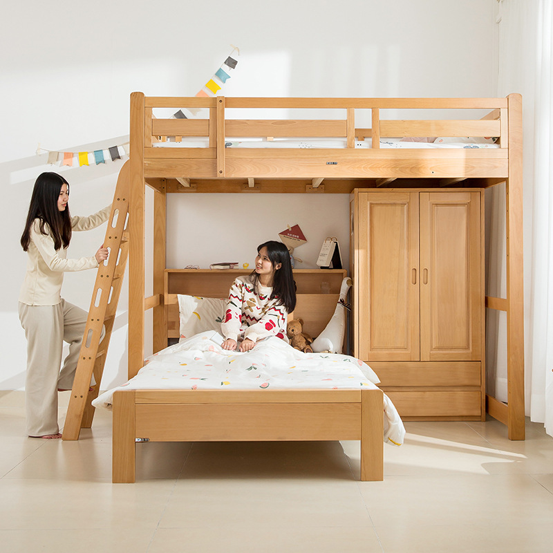 全实木榉木交错式上下床子母子t字错位上床下桌下衣柜高低床组合
