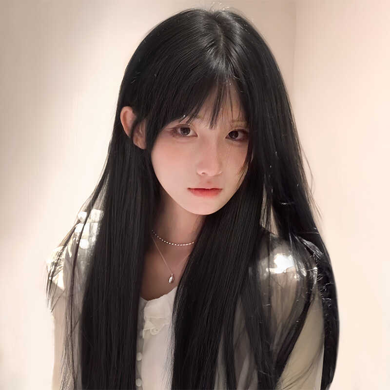 假发女长发中长款黑色jk减龄齐刘海圆脸黑长直仿全真人发全头套式