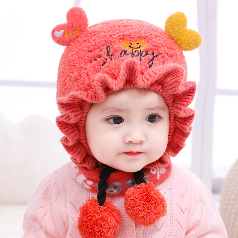 女宝宝帽子秋冬纯棉儿童假发帽加厚婴幼儿针织毛线帽可爱公主花边