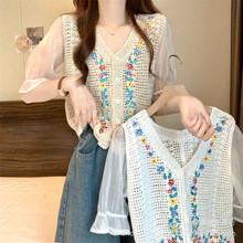 韩版新款夏季蕾丝气质雪纺衫刺绣勾花v领设计感小众衬衫上衣短袖