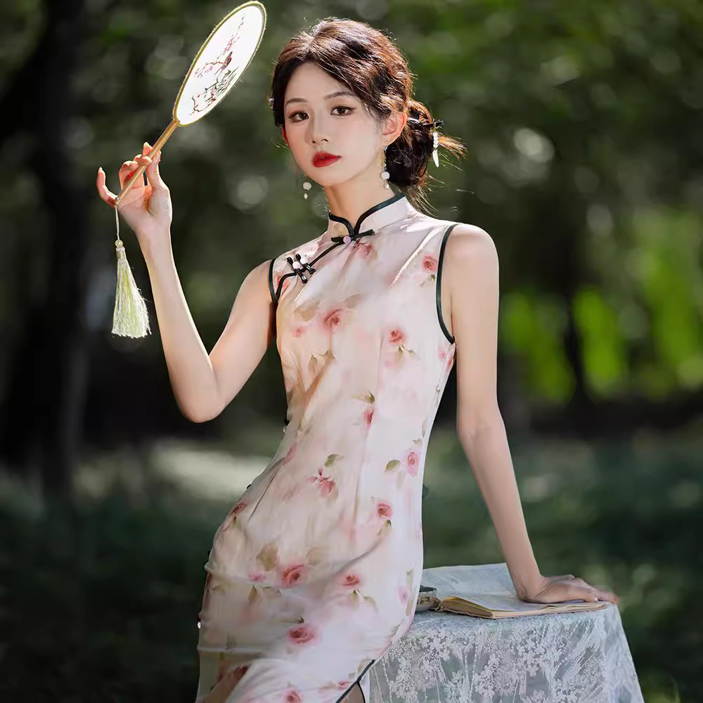 无袖改良素雅旗袍2024春夏复古民国风优雅印花气质年轻款连衣裙