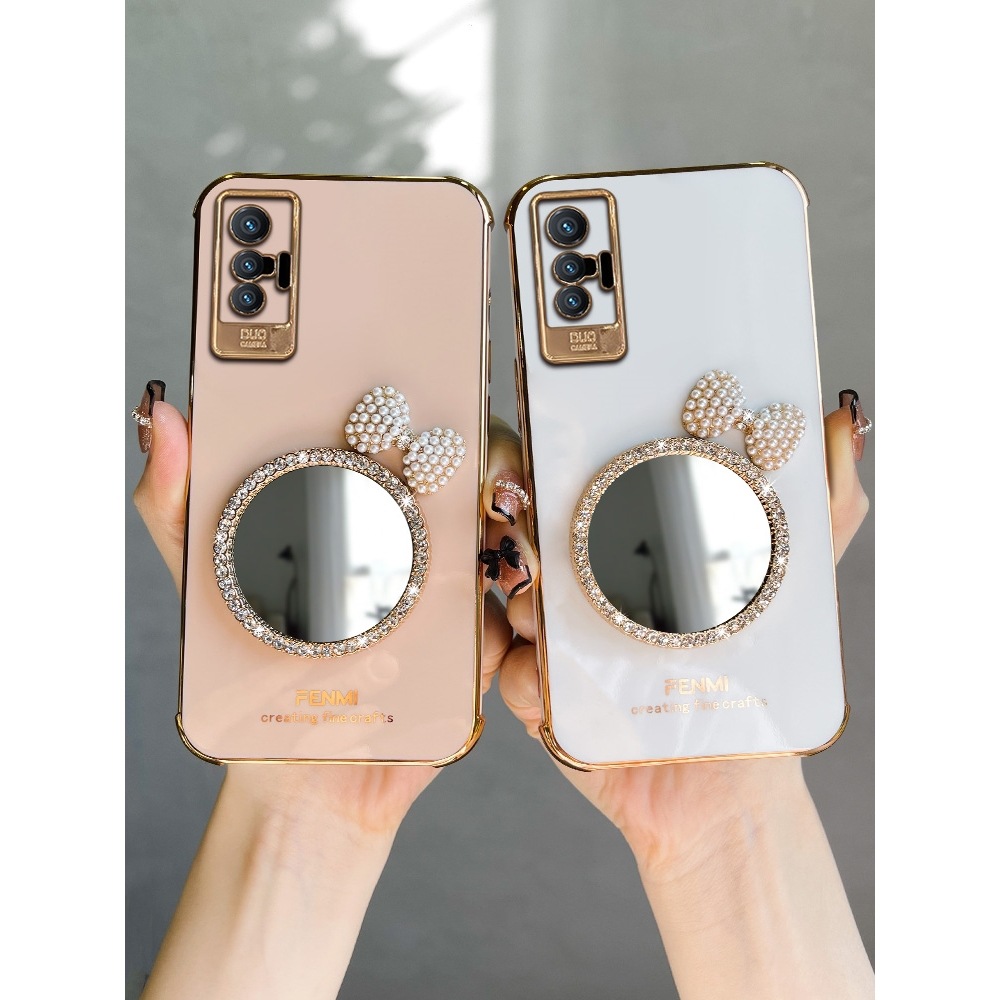 适用vivox70pro手机壳带补妆镜子x70por可爱蝴蝶结vivo女新款硅胶