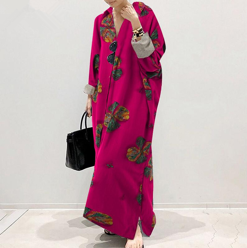 2022 Cross-Border AliExpress New Cotton and Linen Printed Cardigan Loose plus Size Temperament Commuter Irregular Dress