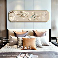 新中式床头水墨花鸟横框装饰画 八边形卧室挂画 养生会所横框壁画