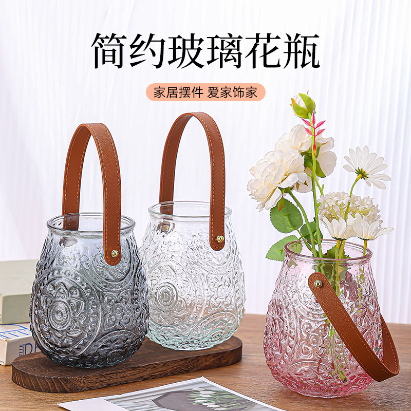 Internet Celebrity Handle Vase Belt Creative and Classical Glass Vase Color Home Store Decoration Vase Flower Container