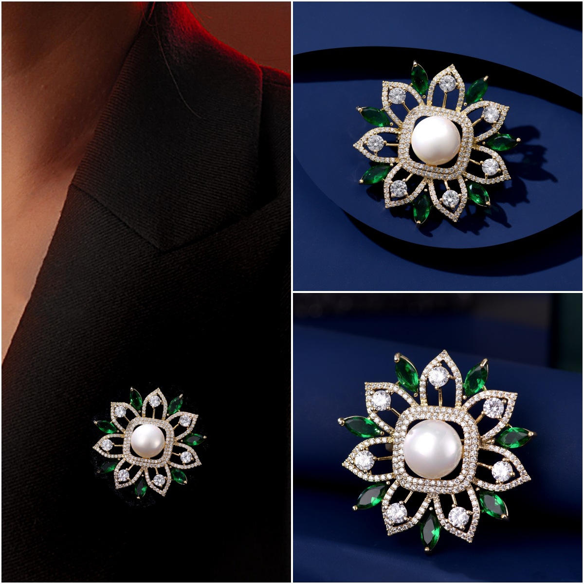 精致重工设计感复古炫彩繁花锆石珍珠胸针晚礼服旗袍