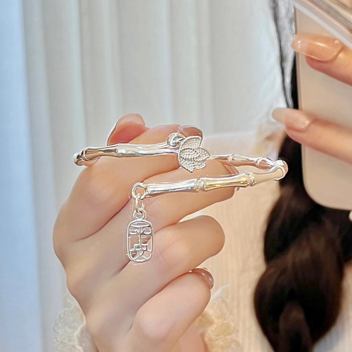 冷淡风平安竹节银手镯女年轻款竹报平安手环送女友礼物小众银饰