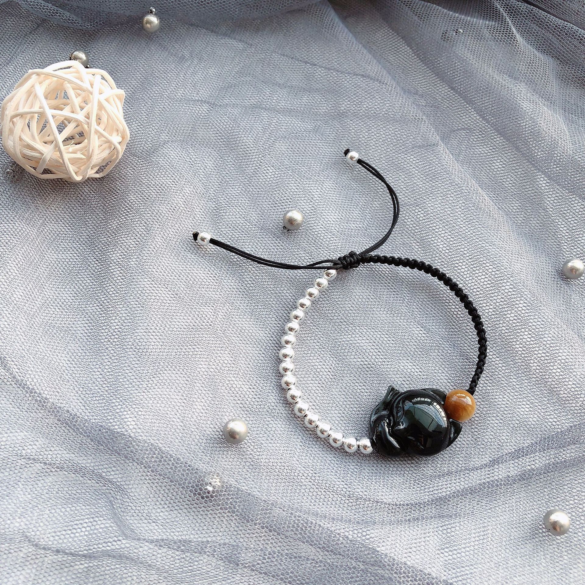 雏灵黑耀石狐狸手链 创意新款 编绳手链 925银首饰品 厂家批发