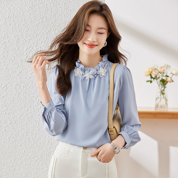 簪花领长袖衬衫女绸缎气质职业通勤内搭外穿时尚春秋上衣优雅衬衣