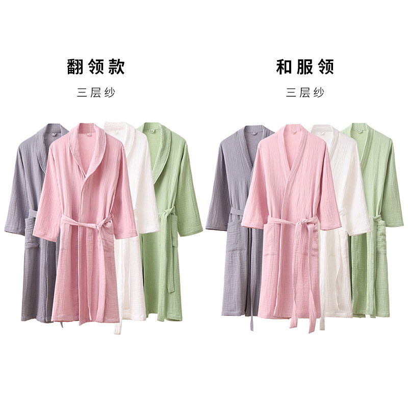 Pure Cotton Spring and Summer Class a Three-Layer Gauze Bathrobe Bathrobe Homewear Night-Robe Pajamas Absorbent Soft Skin-Friendly