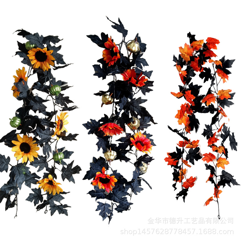 Cross-Border Amazon Halloween Maple Leaf Simulation Black Leaf Rattan SUNFLOWER Sunflower Rattan Halloween Decorations