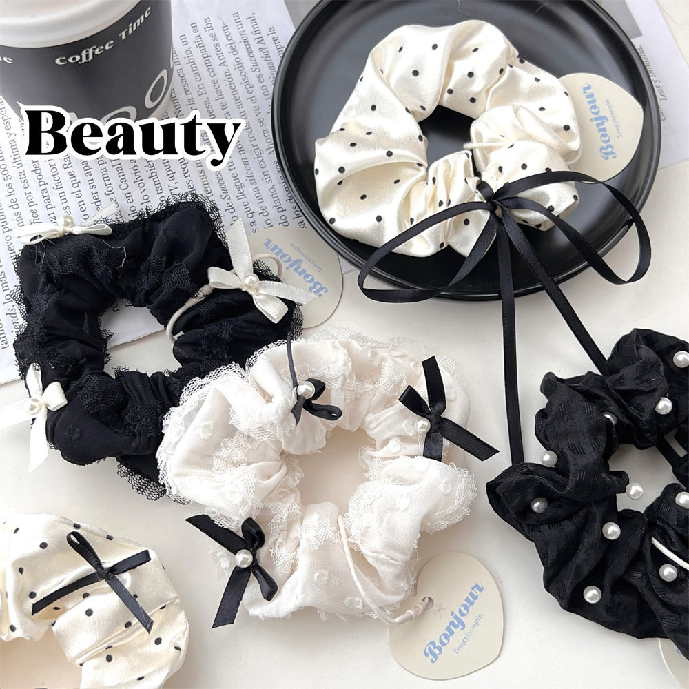 ins japanese and korean style black and white bow large intestine hair ring mesh high elastic hair bands tie ponytail hair string hair accessories wholesale