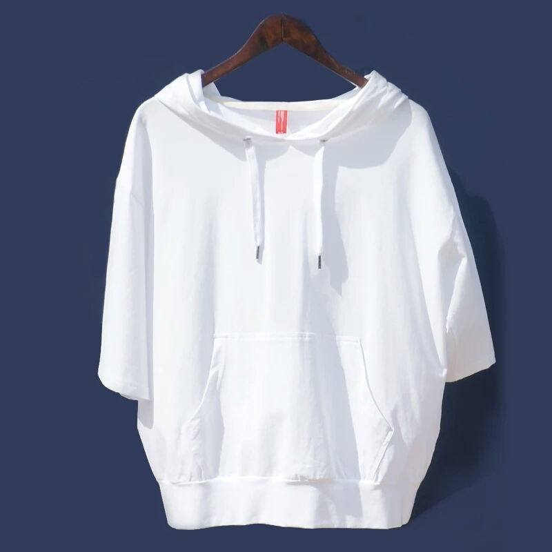 连帽短袖t恤女纯白色薄款宽松大码bf风韩国显瘦原宿七分袖卫衣