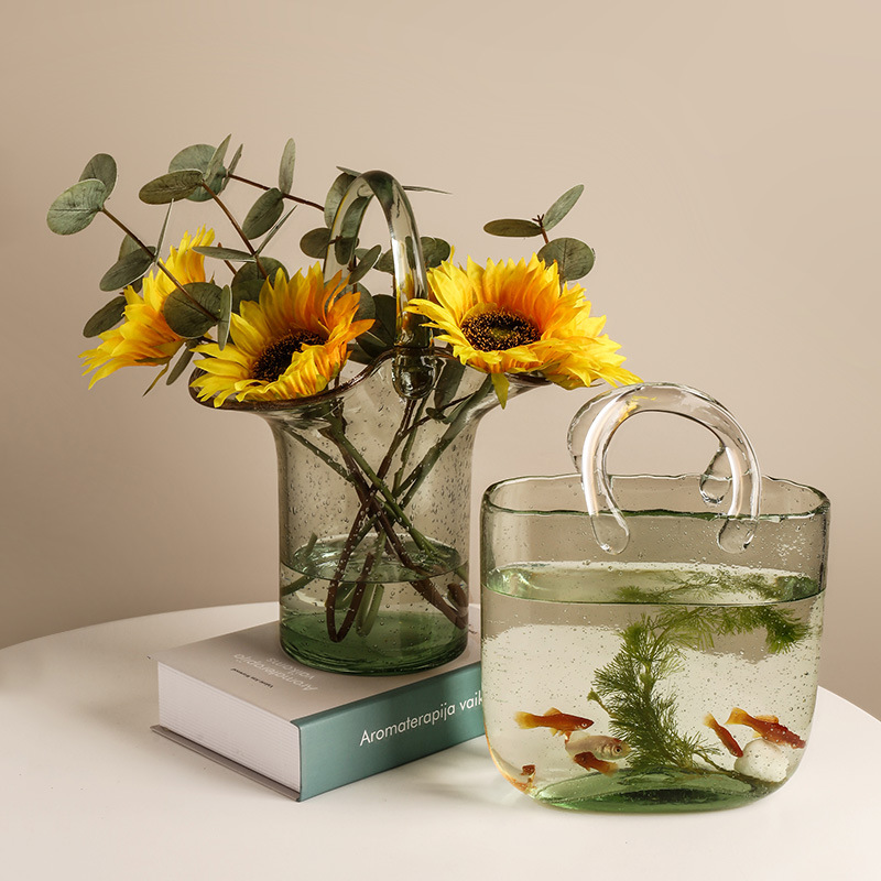 Trending Creative Bags Basket Glass Vase Transparent Hydroponic Flower Vase Flower Dining-Table Decoration Shooting