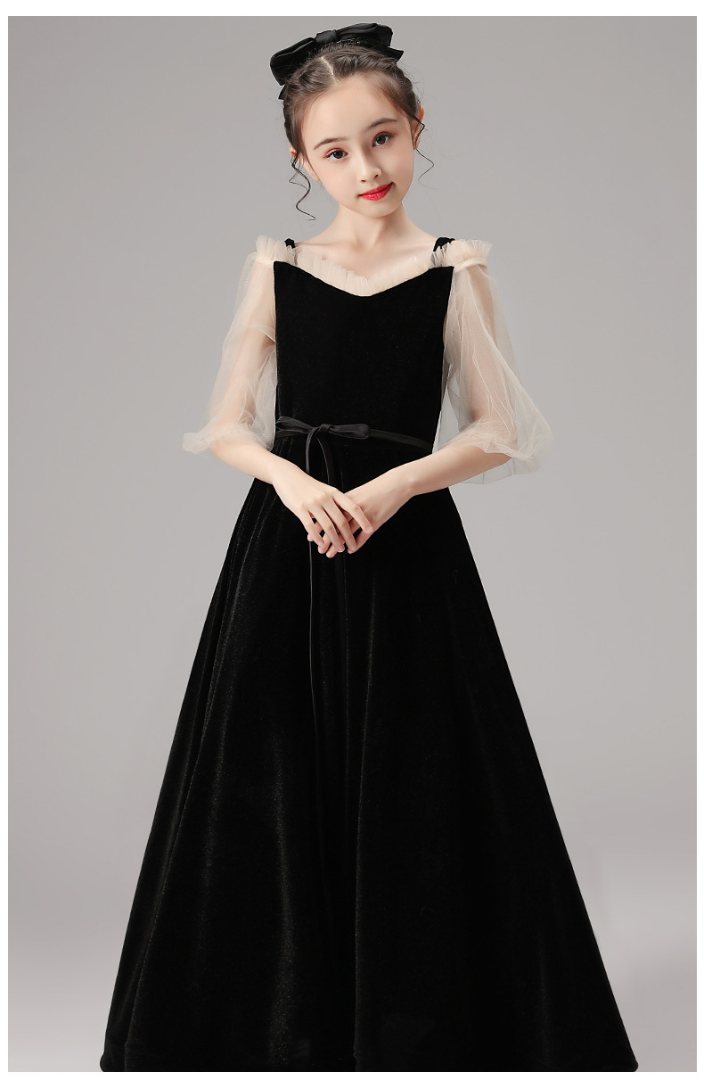 儿童礼服女童钢琴演奏演出服生日晚礼服洋气高端黑色主持人礼服裙
