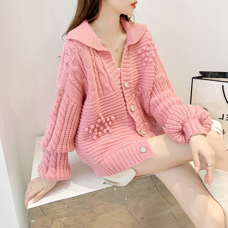 粗针麻花复古开衫毛衣女秋冬新款韩版宽松手工毛球方领显瘦针织衫