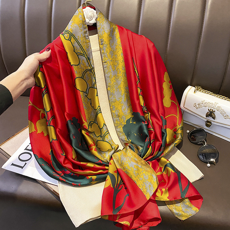 Chinese Red Retro Floral New Silk Satin Long Scarf Outer Wear Indoor Warm Shawl Spring Women's to Give Mom