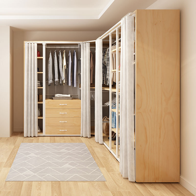 步入式衣帽间柜子组合收纳实木铁艺衣架落地卧室开放式衣柜带帘子