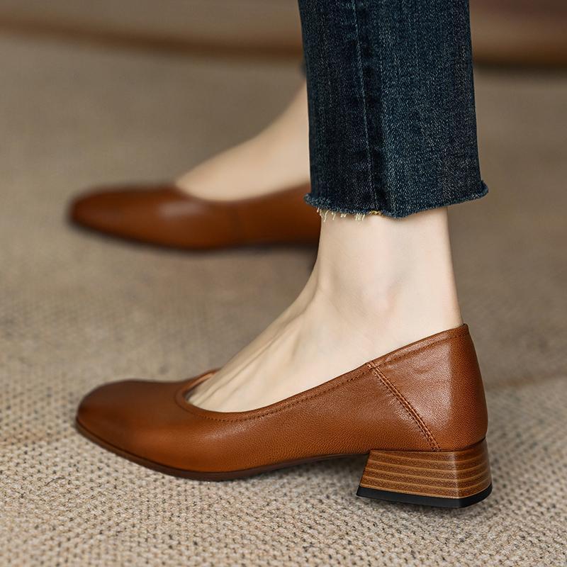 Mr. M Low Heel Shoes Female 2023 Spring New Simple French Retro Rub Colored Soft Leather Square Head Women's Chunky Heels
