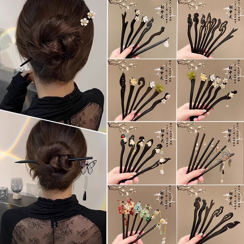 New Chinese Ancient Style Tassel Hairpin Women's High Sense Blackwood Updo Pin Dangling Ornament Headwear Modern Minimalist Hair Clasp