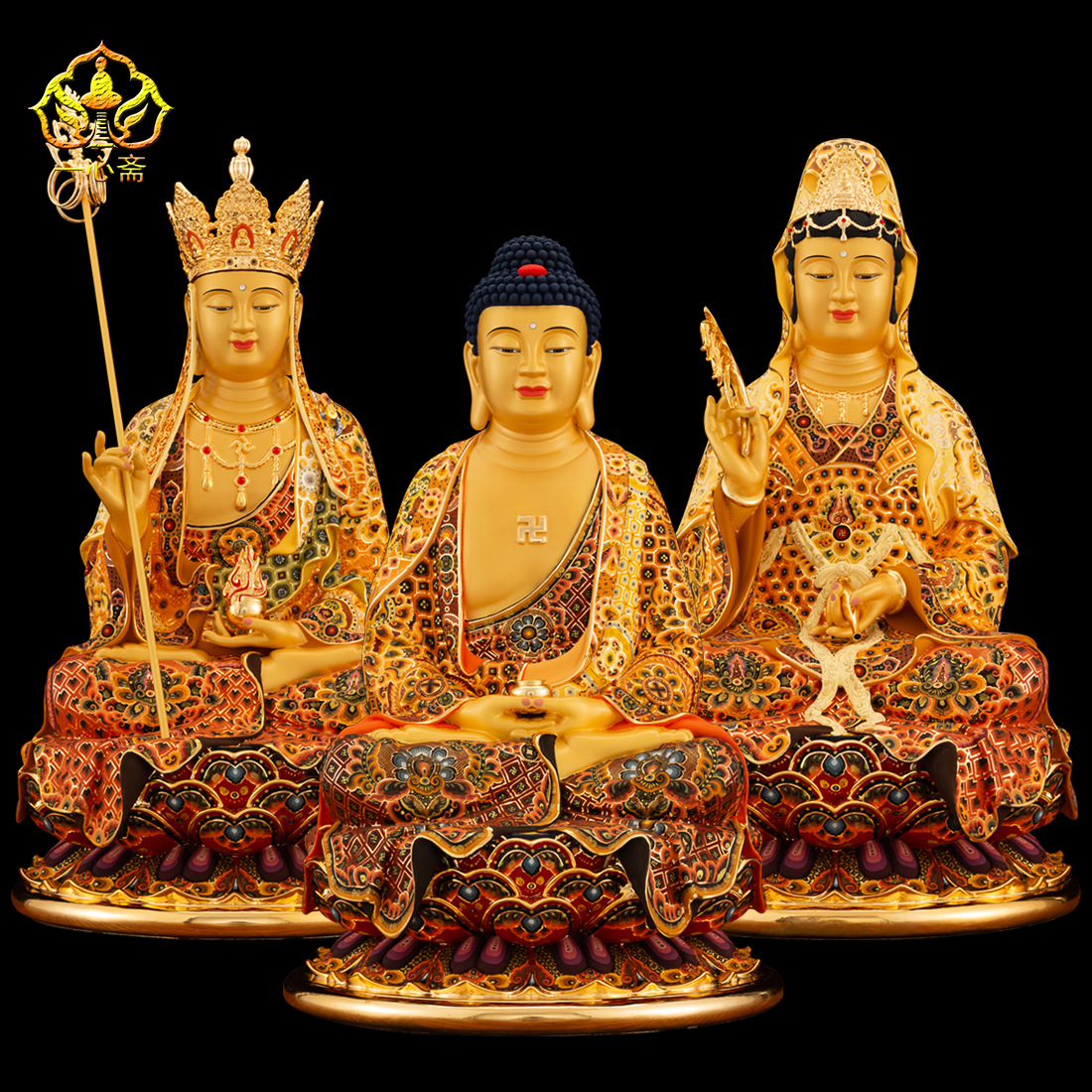 一心斋16/19寸台湾纯铜彩绘鎏金娑婆三圣佛像释迦佛观音地藏王