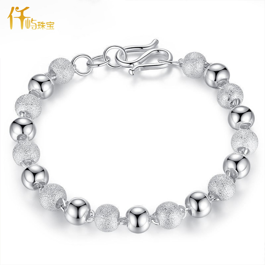 999纯银手链时尚磨砂圆珠链子佛珠手链情侣闺蜜银饰品女韩版-阿里巴巴