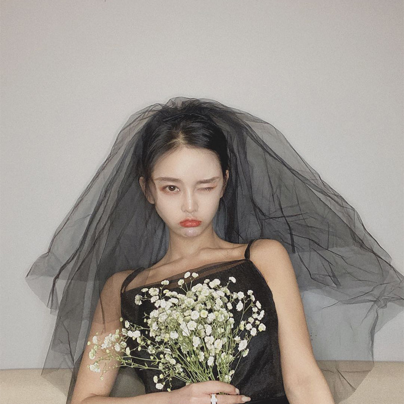 万圣节黑色头纱女头饰网红拍照道具新娘主婚纱饰品领证登记小道具