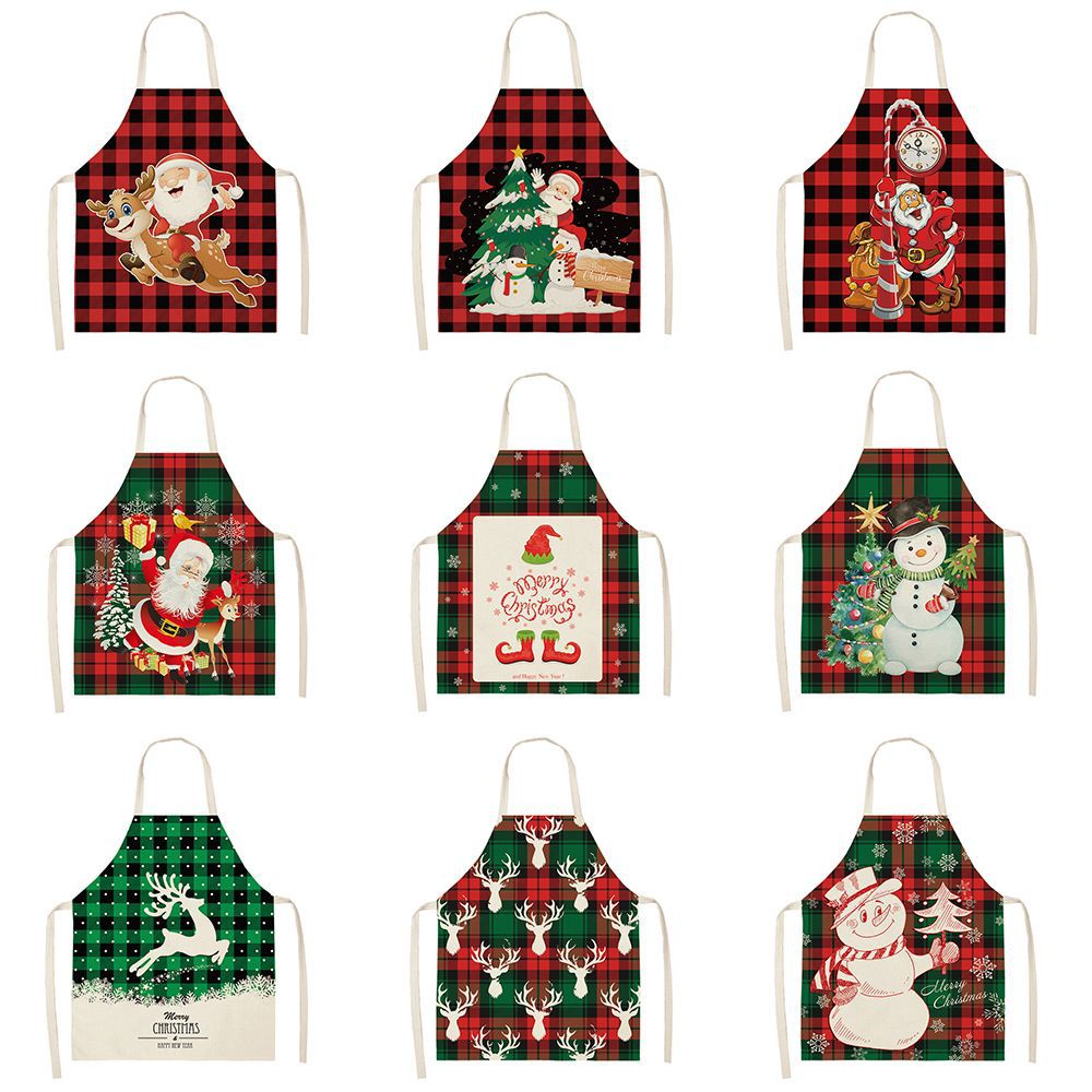 圣诞围裙时尚简约格子耐脏防污无袖挂脖围裙家居棉麻印花亲子围裙