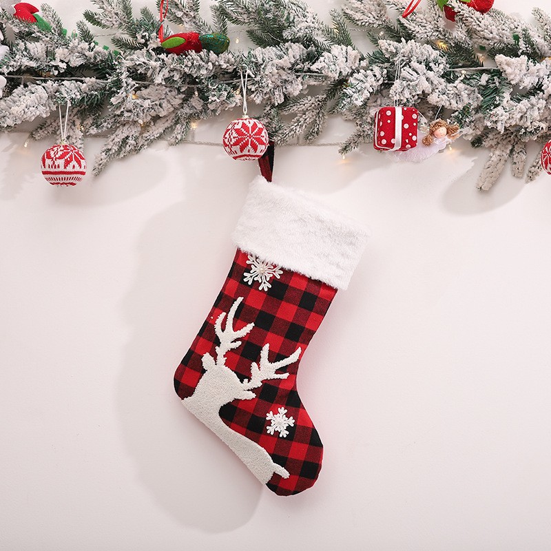 Christmas Stockings Decorative Elk Snowflake Plaid Christmas Stockings White Edge Short Plush Plaid Candy Socks Christmas Gift