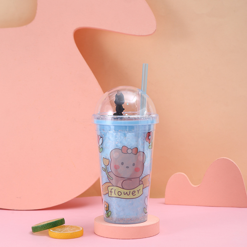 Creative Ice Crushing Bear Plastic Water Cup Portable Anti-Fall Summer Ice Glass Cartoon Double Plastic Straw Cup Wholesale