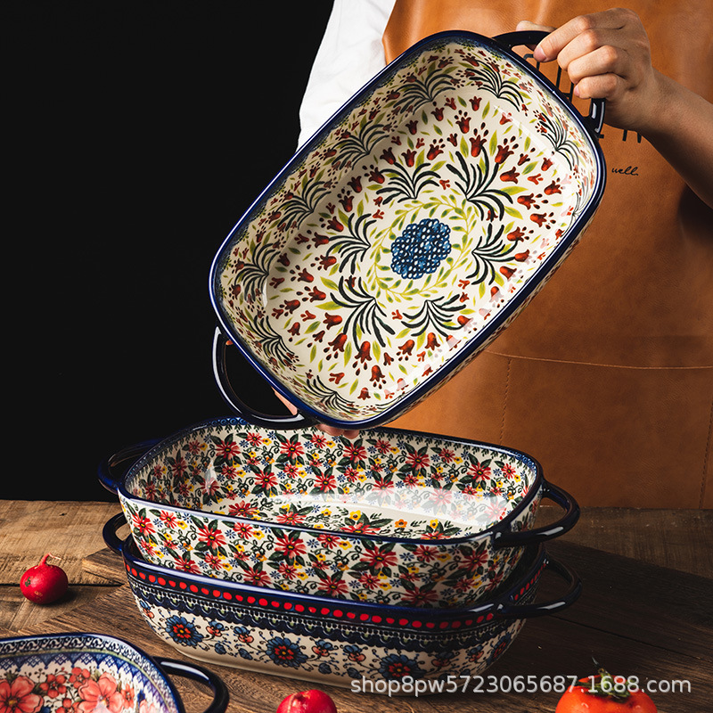 Poland Ceramic Ovenware Creative Ceramic Tableware Household Oven Microwave Oven Bowl Rectangular Plate Plate Large