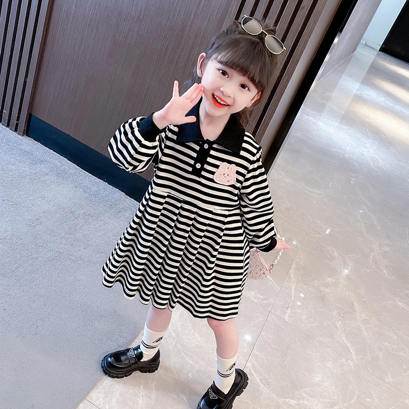 Girls' Skirt 2023 Spring New Korean Style Preppy Style Fashionable Cartoon Striped Long Sleeve Baby Girl Dress