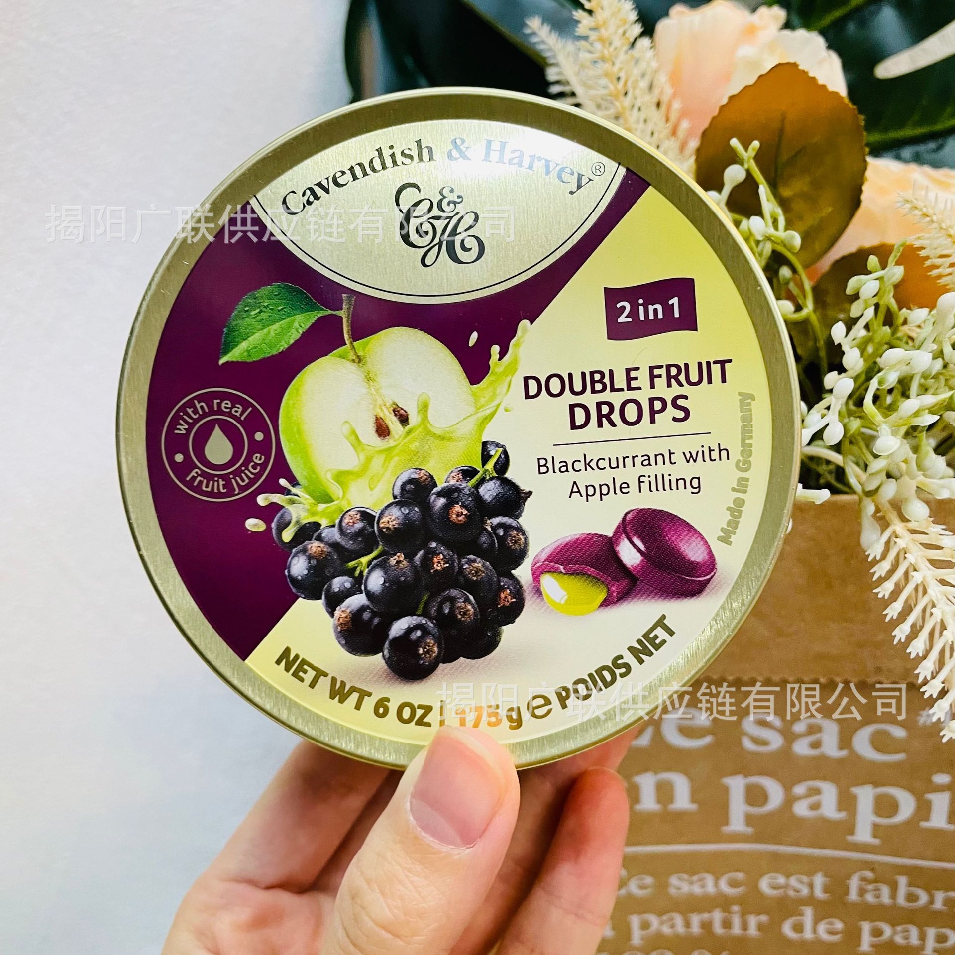 批发 德国进口嘉云糖苹果味夹心黑加仑子味糖水果硬糖175g 1组9盒