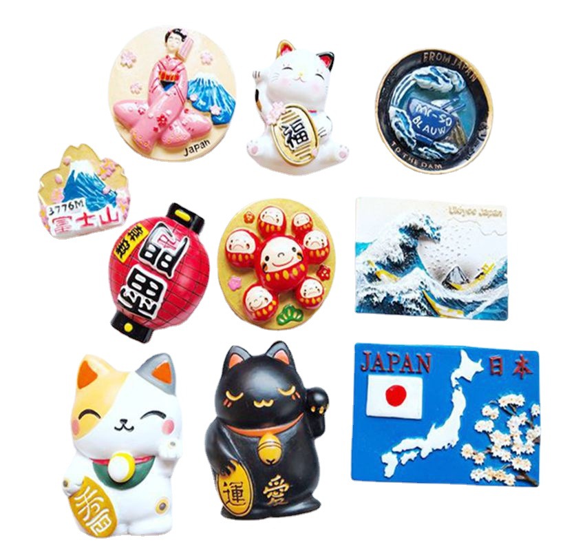 日本东京旅游纪念品招财猫富士山浮世绘磁贴创意立体树脂冰箱贴